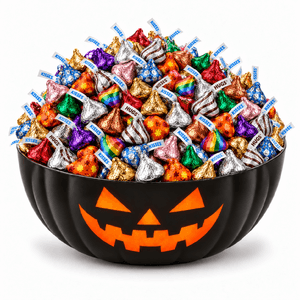 5-pound bag of Hershey's Kisses Special Midnight Magic Halloween dark chocolates with Halloween-themed packaging in dark colors.