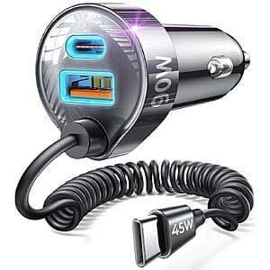 Lisen 35W PD + 30W QC 3.0 Car Charger Adapter w/ 48" 30W Coiled Cable (Black) $8