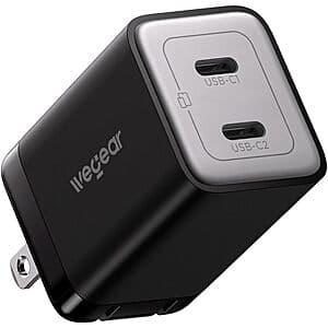 Black 45W wegear wall charger with dual USB-C ports for charging multiple devices simultaneously.