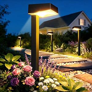 8-pack of ELECLINK solar pathway lights with black stake design and 60LM LED bulbs for outdoor garden use.
