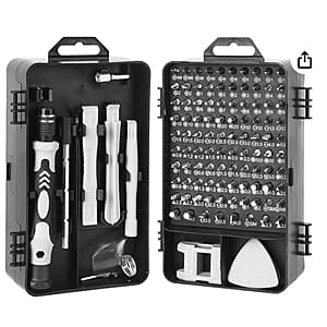 115-piece precision screwdriver set with magnetic tips in a compact carrying case, including various size screwdrivers for electronics repair.