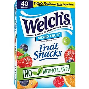 40-pack box of Welch's Mixed Fruit Snacks with individual 0.8-ounce pouches of assorted fruit flavors.