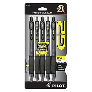 5-Pk Pilot G2 Premium Bold Point Roller Gel Pens (Black/1mm) $4.05