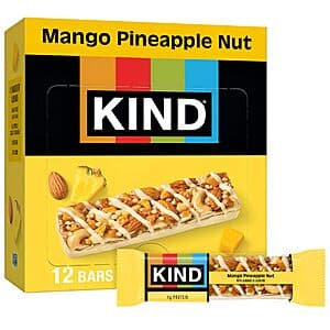 Box of 12 KIND Healthy Snacks Bars in Mango Pineapple Nut flavor with 1.4-ounce individual wrapped bars.