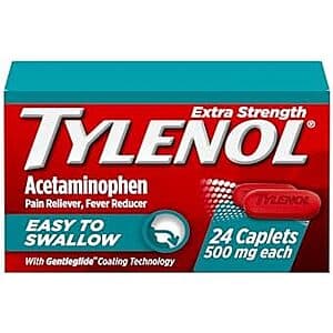 White and red Tylenol bottle containing 24 coated caplets of Extra Strength Acetaminophen 500mg.