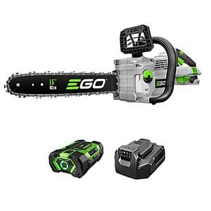 EGO POWER+ 16-inch battery-powered chainsaw with 56V 2.5Ah lithium battery and charger included.