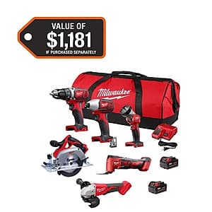 Milwaukee M18 18-volt cordless 6-tool combo kit displayed with black drill, impact driver, saws, flashlight, and batteries alongside the included charger and carrying tool bag.