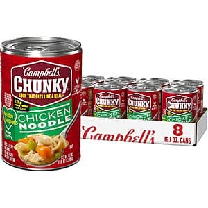 Eight 16.1-ounce cans of Campbell's Chunky Healthy Request Chicken Noodle Soup with red and gold label.