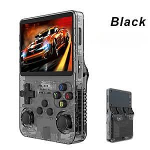 Black R36S retro handheld gaming device with 64GB microSD card included.