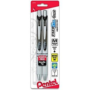Two-pack of Pentel EnerGel Pearl RTX retractable liquid gel pens with 0.7mm needle tip and black ink.