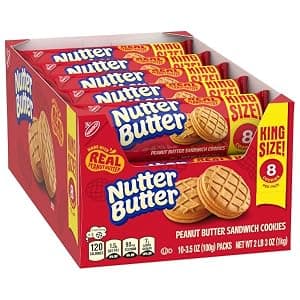 10-pack box of Nutter Butter King Size peanut butter sandwich cookies, 3.5-ounce servings.