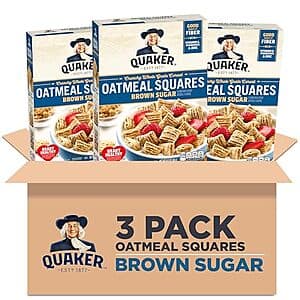 3-Pack 14.5-Oz Quaker Oatmeal Squares Breakfast Cereal (Brown Sugar) $5.65 w/ Subscribe & Save