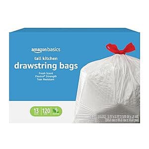 120-Count 13 Gallon Amazon Basics Flextra Tall Kitchen Drawstring Trash Bags $10.65 w/ Subscribe & Save