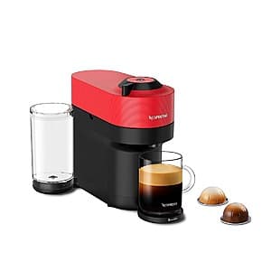 Nespresso Vertuo Pop+ espresso and coffee maker in Spicy Red color with compact design and removable water tank.