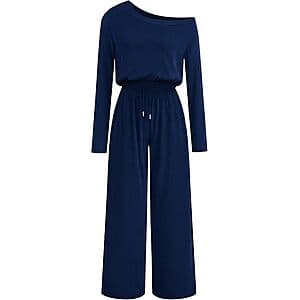 Lazysmile women's long sleeve off-shoulder jumpsuit with elastic waist in multiple colors.