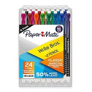 Pack of 24 Paper Mate Write Bros. Classic #2 mechanical pencils with 0.7mm leads in yellow and black packaging.
