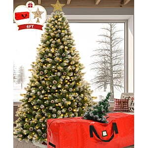 TEAYINGDE 6-foot pre-lit Christmas tree with green branches, warm white lights, included tree topper, and matching storage bag.