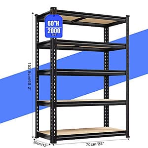 Heavy-duty commercial steel shelving unit with 5 tiers in matte black, reinforced cross-bracing, and adjustable shelves.