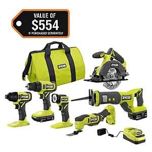 6-Tool RYOBI ONE+ 18V Cordless Combo Kit w/ 1.5Ah + 4.0Ah Batteries & Charger $199 + Free S&H