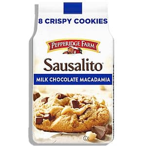 7.2 oz bag of Pepperidge Farm Sausalito Crispy Milk Chocolate Macadamia Nut Cookies with product branding and cookie imagery on packaging.