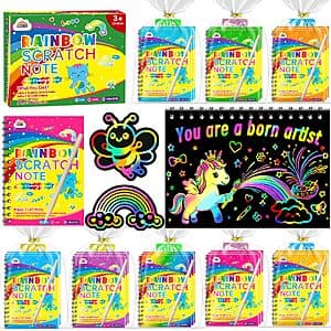 24-pack of colorful rainbow scratch-art notebooks with wooden stylus and drawing stencil included.