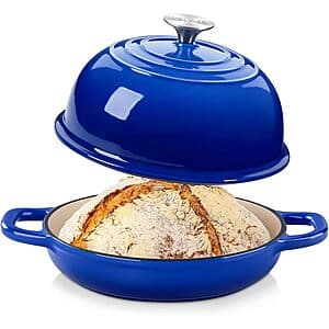 Blue enameled cast iron 5-quart Dutch oven with matching dome lid, front-facing view of cookware.