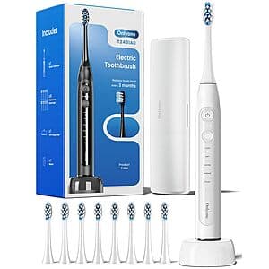 White Onlyone rechargeable sonic electric toothbrush with 8 additional brush head replacements.