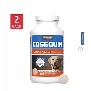 Two white 180-count bottles of Nutram joint supplement chewable tablets for dogs with hyaluronic acid.