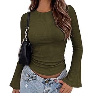 Zeagoo women's crewneck bell top long sleeve ribbed knit shirt in various colors, featuring a fitted bodice with flared bell sleeves.