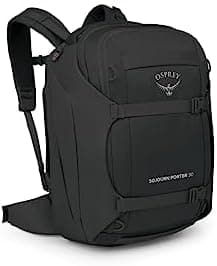 Osprey Sojourn Porter 30L travel backpack in Black, shown as a medium-sized hiking and travel pack with structured design.