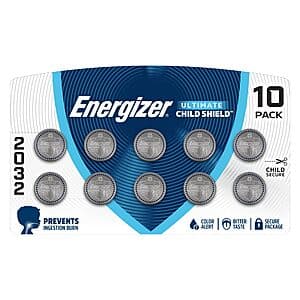 Ten Energizer Ultimate CR2032 3V lithium coin cell batteries arranged in packaging.