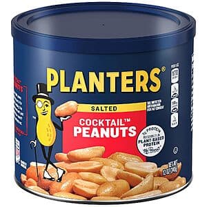 12-ounce container of Planters Salted Cocktail Peanuts with classic blue and yellow Planters branding.