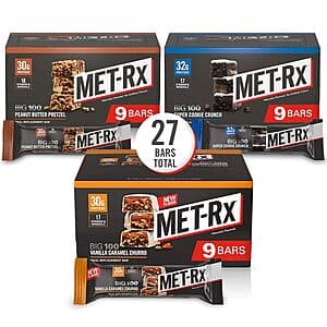 27-pack box of MET-Rx Big 100 Colossal Protein Bars in assorted flavors from the variety pack.