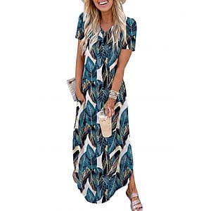 ANRABESS women's short-sleeve V-neck maxi shirt dress in various colors including black, blue, white, green, and floral patterns with side slit and pockets.