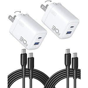 2-Pack INIU Dual Port 30W PD QC Foldable Charger (White) w/ Black Cable $9.70