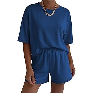 Ekouaer women's two-piece lounge set in black and blue colorways with moisture-wicking fabric.