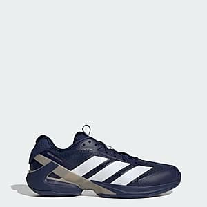 Adidas Adizero Ubersonic 5 tennis shoe in dark blue, cloud white, and cyber metallic colorway.