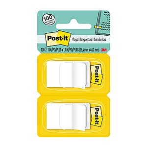 Two white Post-it flag pop-up dispensers with 50-count pads, 1 x 1.7 inch flags, 100 flags total.