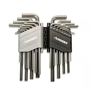 Husky 26-piece SAE/metric long arm hex key set with chamfered ends, displayed in organized case or holder.
