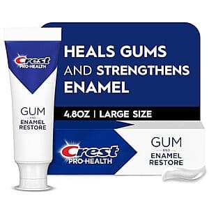 Blue and white tube of Crest Pro-Health Gum & Enamel Restore Toothpaste, 4.8 ounces.