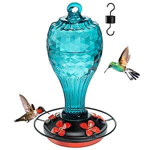 Jarkyfine hanging glass hummingbird feeder in blue or purple, 20-ounce capacity, with a bottle-shaped glass reservoir and metal fittings.