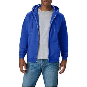 Hanes Ecosmart Men's Full-Zip Fleece Hoodie with drawstring hood, available in multiple colors, medium-weight 50/50 cotton-polyester blend.
