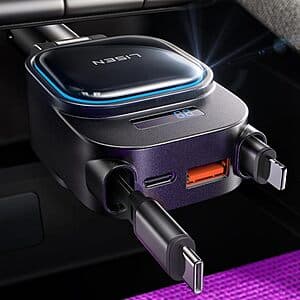 LISEN 96W 4-in-1 Retractable USB-C + Lightning Car Charger $15 & More