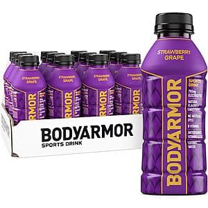 BODYARMOR Strawberry Grape 12-pack of 16-ounce sports drink bottles with colorful packaging.
