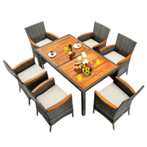 7-Pc Costway Outdoor Rattan Dining Set w/ Acacia Wood Table & Cushions (Gray) $330 + Free Shipping