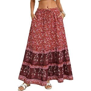 Women's summer boho maxi skirt in flowing bohemian style, available in multiple colors.