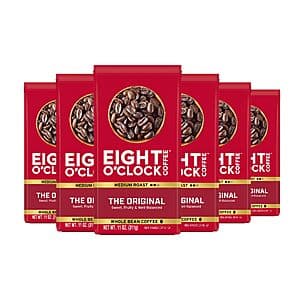 Six bags of Eight O'Clock Coffee The Original Medium Roast whole bean coffee, 11 oz each, with brown and white packaging.