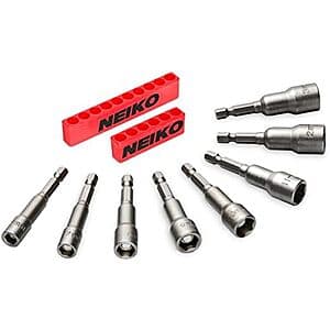 Neiko 10065A 8-piece hex shank magnetic power impact nut driver set with metric sized bits ranging from 6mm to 13mm.