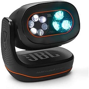 Black JBL PartyLight Beam Bluetooth projection party light with compact cylindrical design and illuminated projection element.