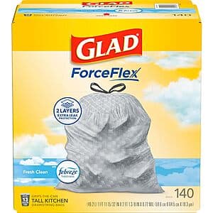 140-Count 13-Gallon Glad ForceFlex Tall Kitchen Trash Bags (Fresh Clean) $14.85 w/ Subscribe & Save